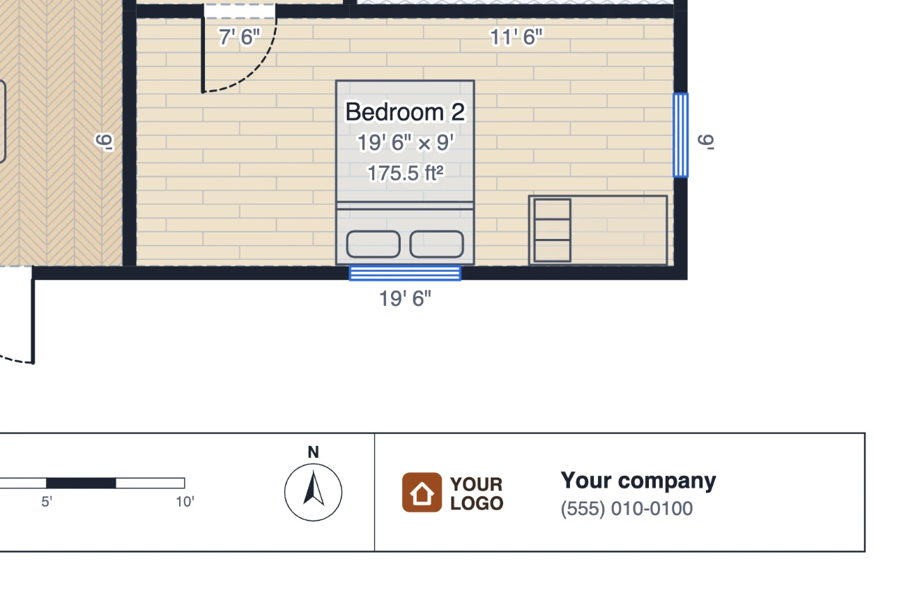 The corner of a PDF sheet of the same house at 3/16 inch to 1 foot: bedroom 2 with its size and area, wall lengths, a scale bar, a north arrow and a title block signed off with a sample company logo, name and phone number
