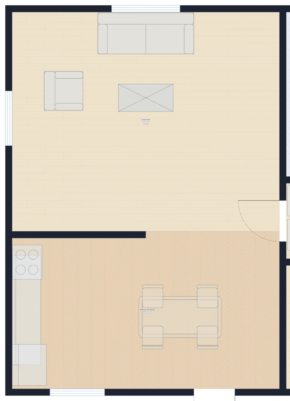 Part of the colour plan of the same house: the living room on a wood floor with its sofa, armchair and coffee table, and the kitchen and dining room on a herringbone floor