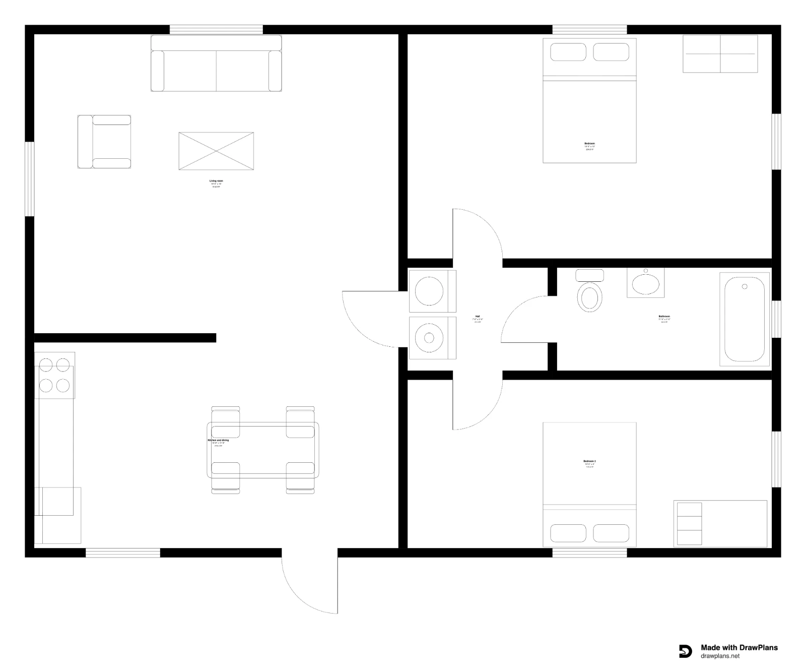 A black and white listing plan of the same house: every room with its size and area, the doors, windows and furniture