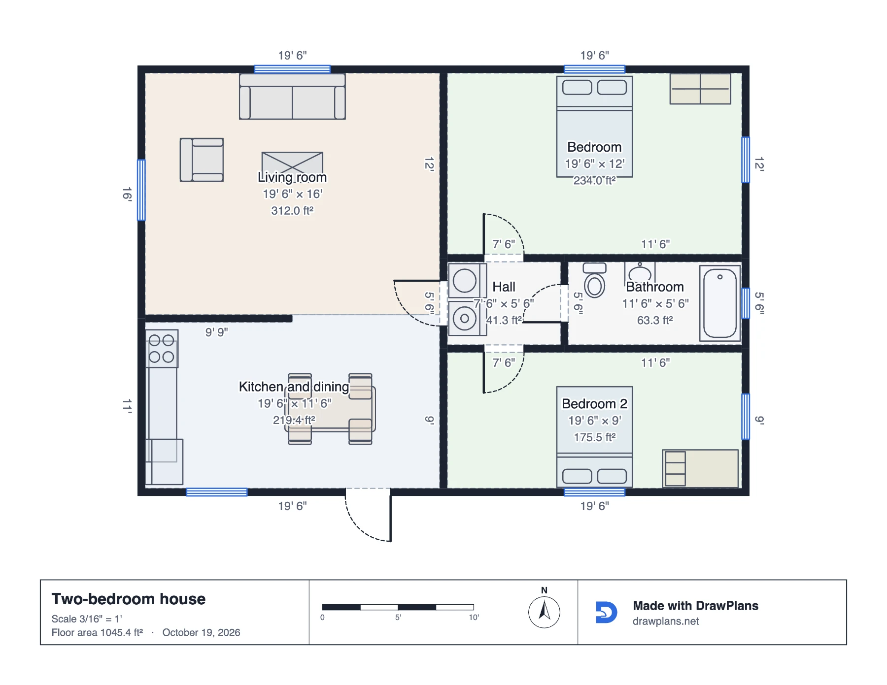 The first page of the sample PDF: the two-bedroom house at 3/16″ = 1′ on Letter paper, with room sizes and areas, wall lengths, and a title block with a scale bar and a north arrow