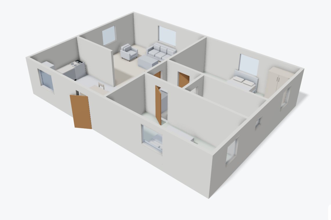 A 3D picture of the two-bedroom house template from above, open at the top to show the furnished rooms